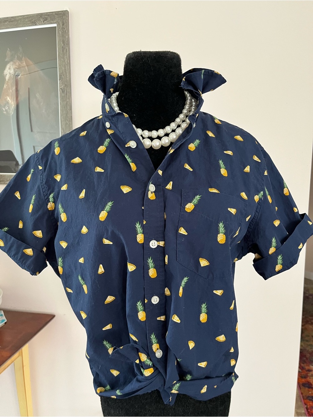 Enhanced Banana Republic Navy Blue Pineapple Print Ruffle Collar Shirt - Picture 4 of 7